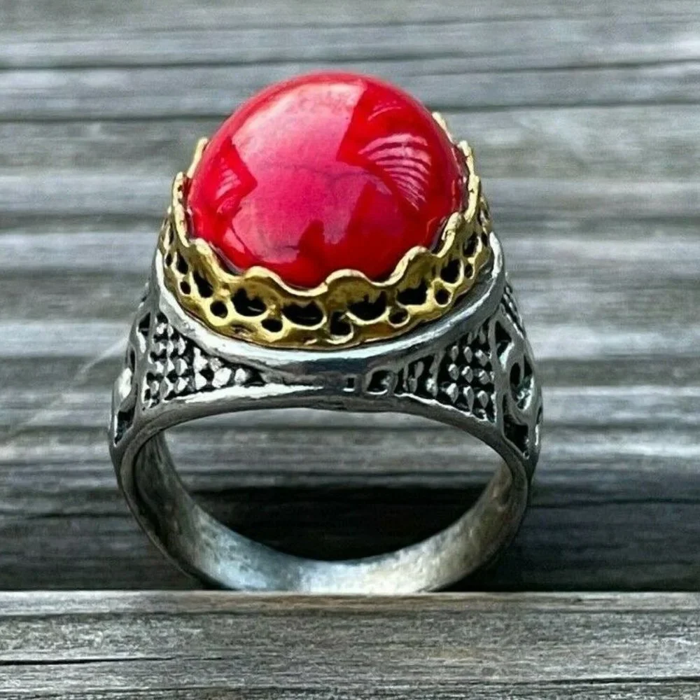 Men Rings Faux Red Stone SilverGold Rings Men Fashion Jewelry Size 8